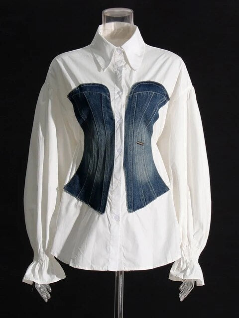 Lapel Long Sleeve Spliced Single Breasted Blouse - runwayfashionista.com