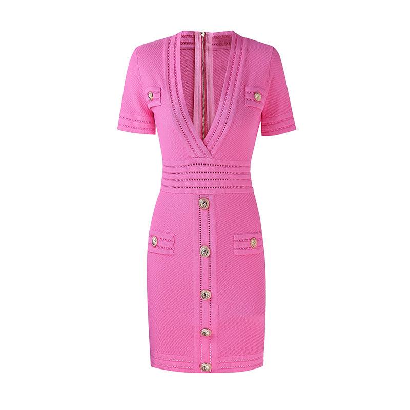 Knitted Short Sleeved V-neck Dress
