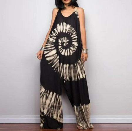 Long goddess print sleeveless loose jumpsuit