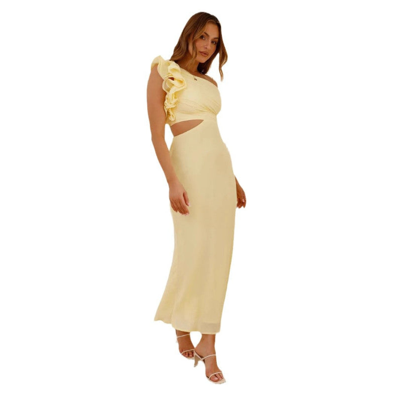 A fitted, one-shoulder maxi dress with a V-neck and sleeveless design, available in green, yellow, rose pink, red, and black, suitable for resort wear.