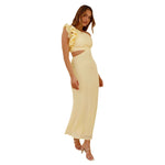 A fitted, one-shoulder maxi dress with a V-neck and sleeveless design, available in green, yellow, rose pink, red, and black, suitable for resort wear.