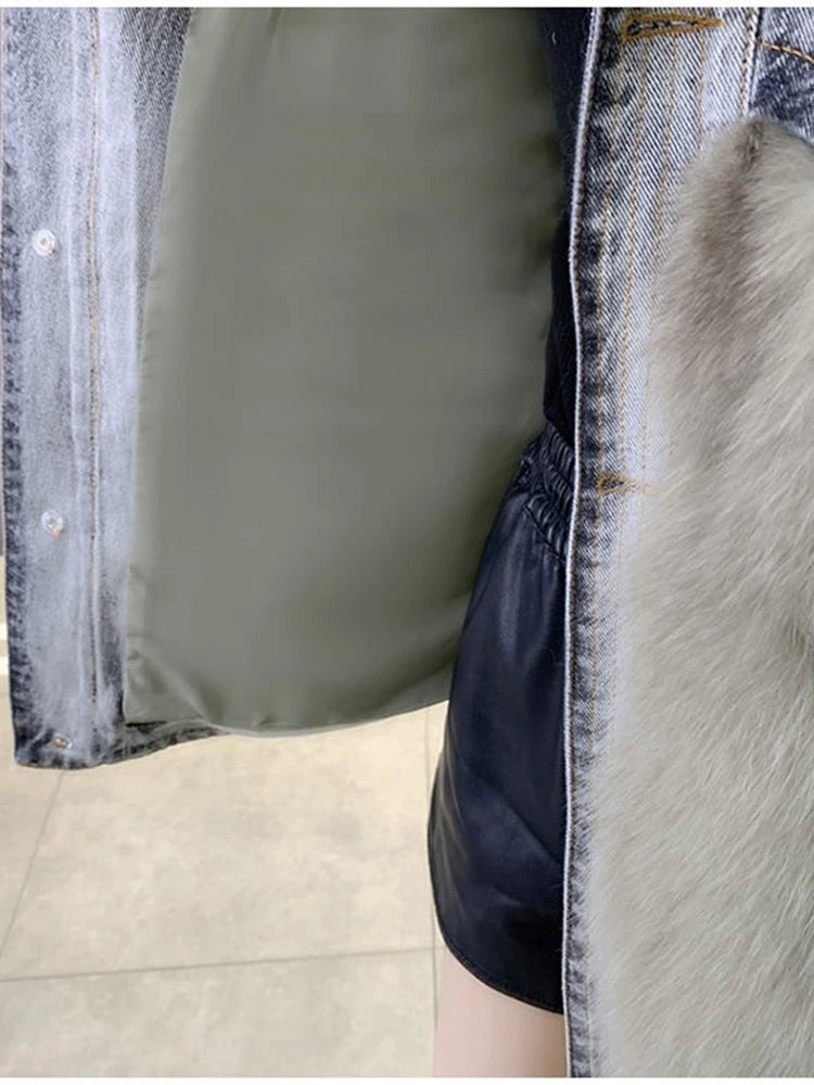 Denim parka faux mink jacket - runwayfashionista.com