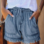 Elastic Waist Fringe Denim Shorts
