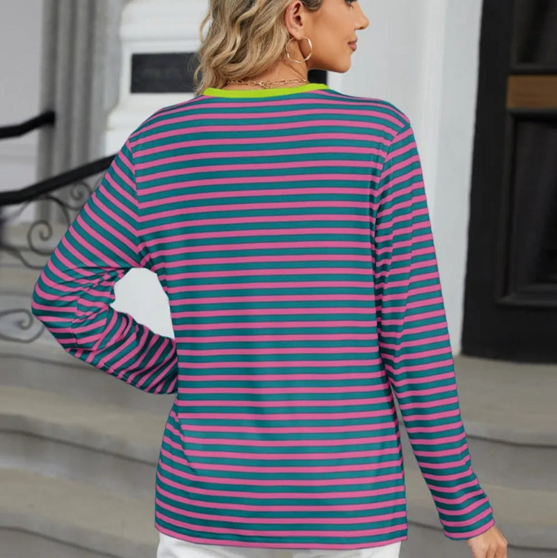 Striped Notched Long Sleeve T-Shirt - runwayfashionista.com