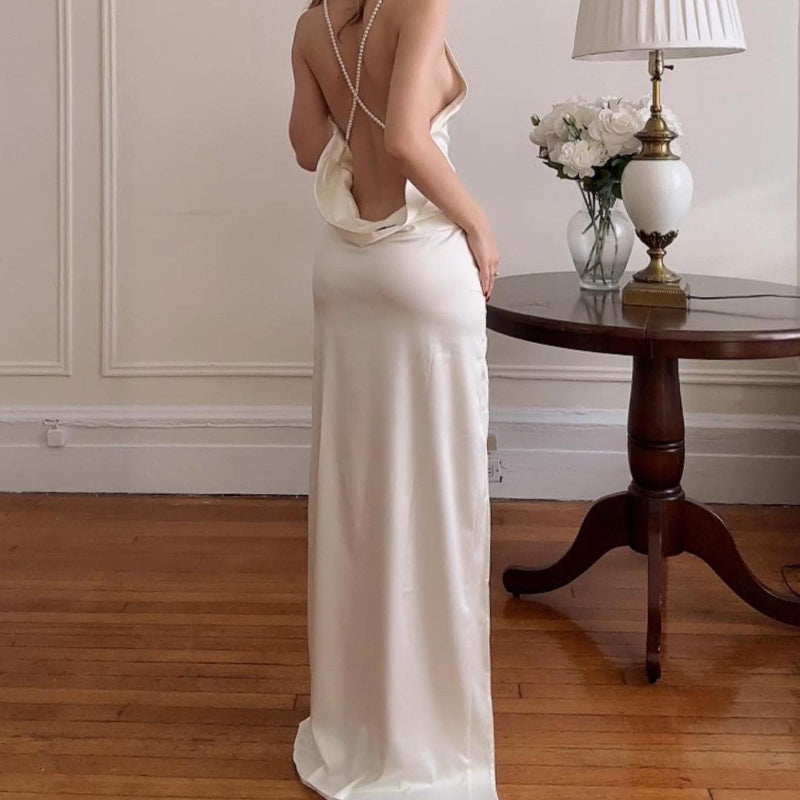 White Backless Deep V Slit Maxi Dress