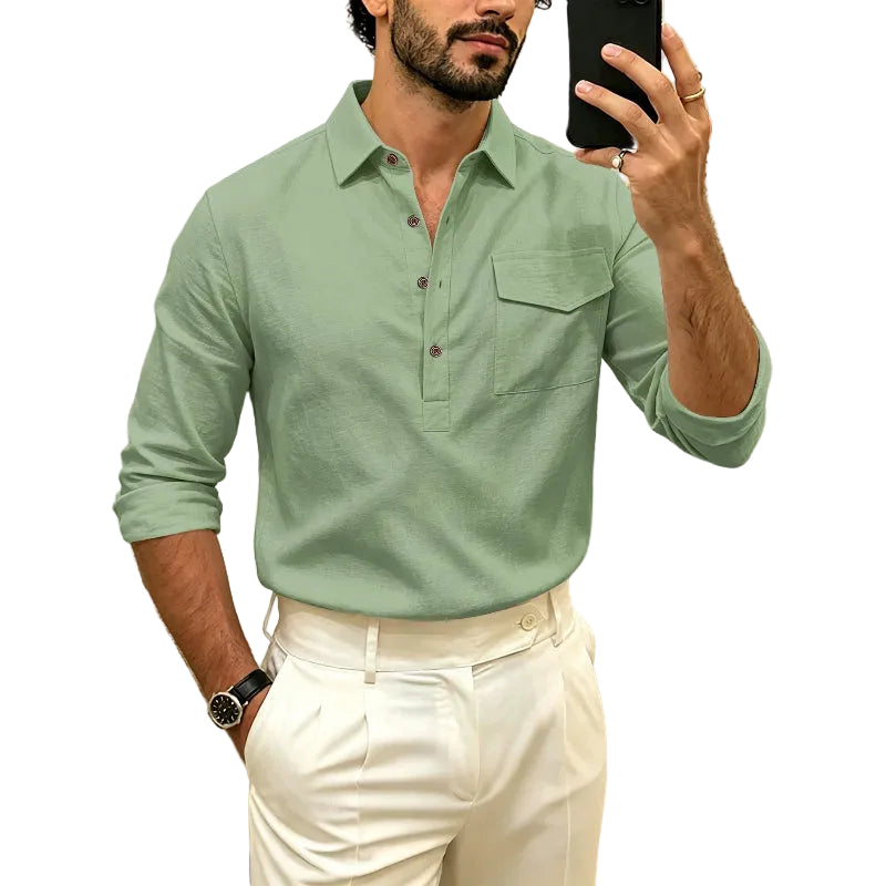Men's Linen Blend Half-Button Shirt - green