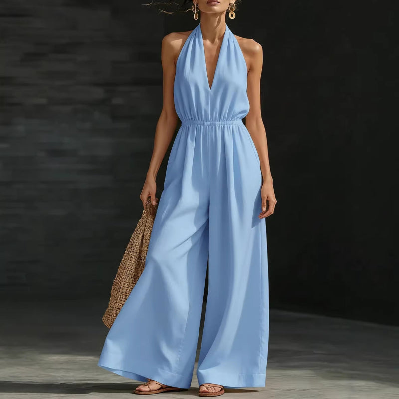V-neck Halter Jumpsuit - light blue