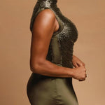 Elegant Sleeveless Tassel-trimmed Zippered Satin Fishtail Maxi Dress Set - live green