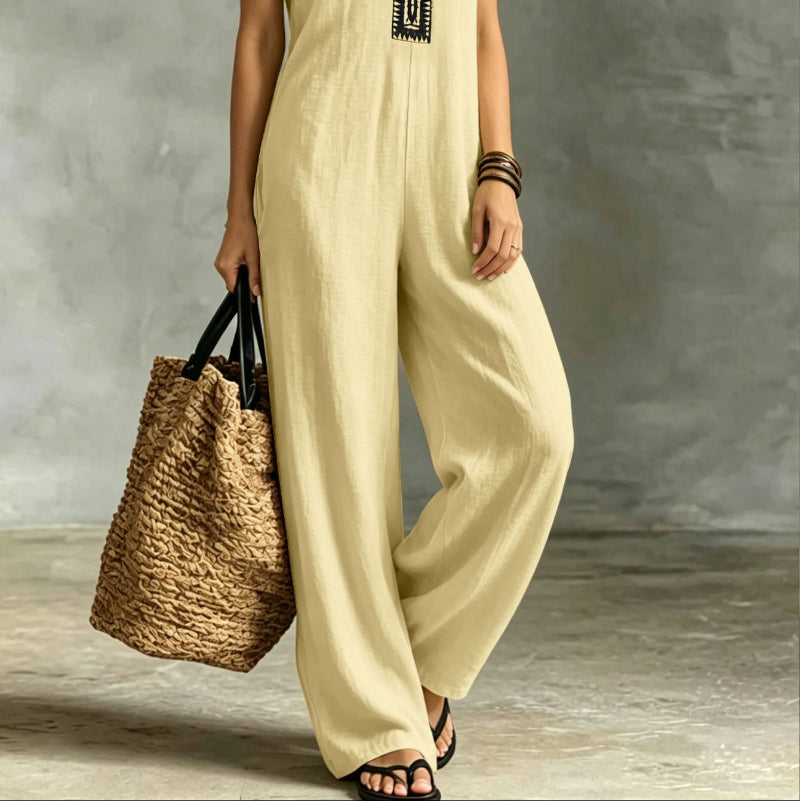 V-Neck Contrast-Trim Sleeveless Wide-Leg Jumpsuit - khaki