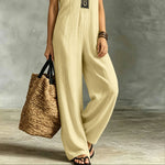 V-Neck Contrast-Trim Sleeveless Wide-Leg Jumpsuit - khaki