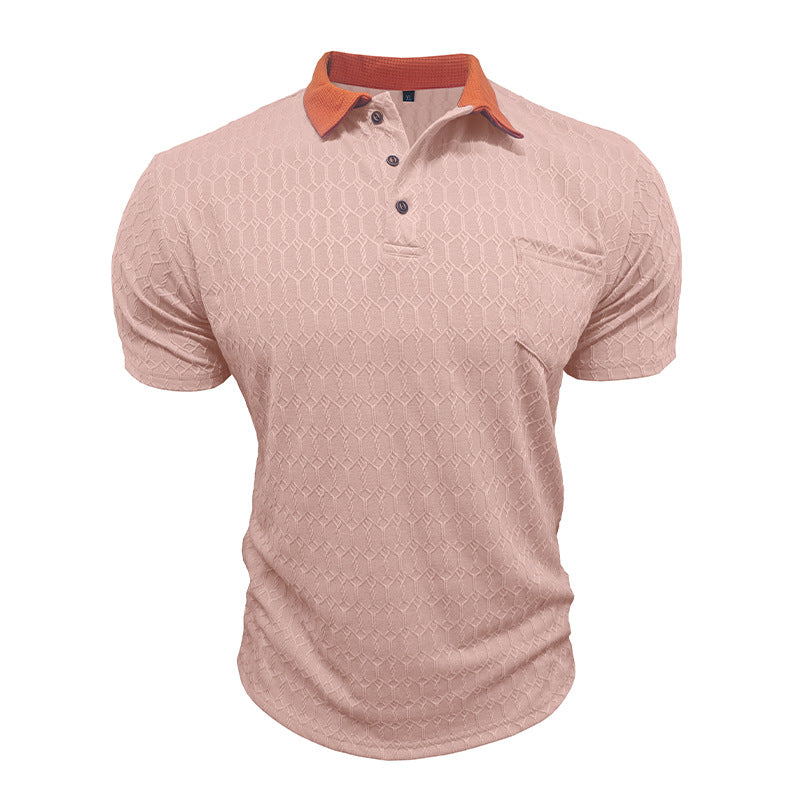 Honeycomb-Texture Contrast Collar Loose-Fit Moisture-Wicking Short-Sleeve Polo Shirt