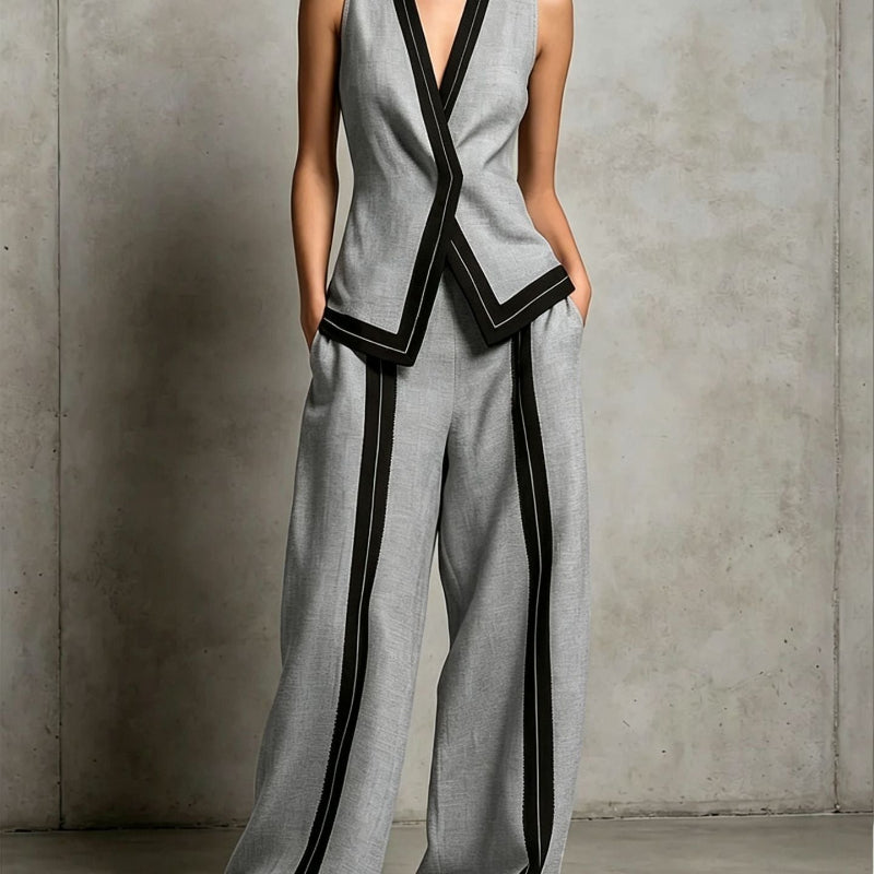 Contrast Trim Vest & Wide Leg Pants Set - grey
