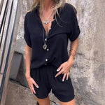 Lapel Button Shirt Top And Pocket Shorts - black