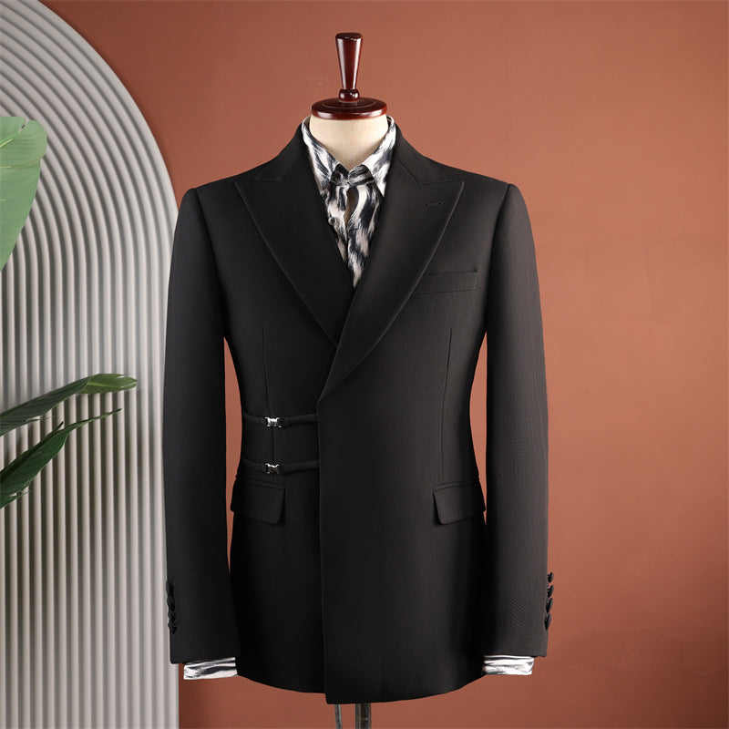 Black Peak Lapel Side Buckle 2 Piece Suit Set Gurkha Trousers