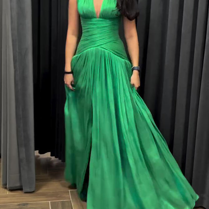 Emerald Green Plunging Neckline Gown With Pleated Skirt And Side Slit