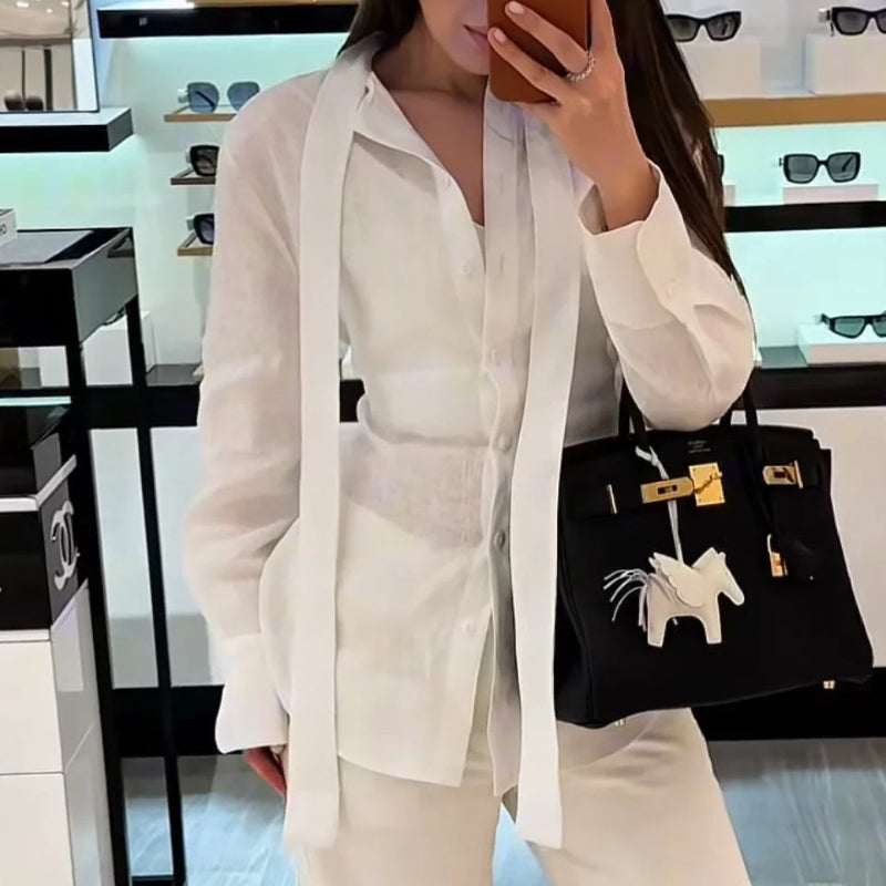 White Linen Tie Long Sleeve Shirt