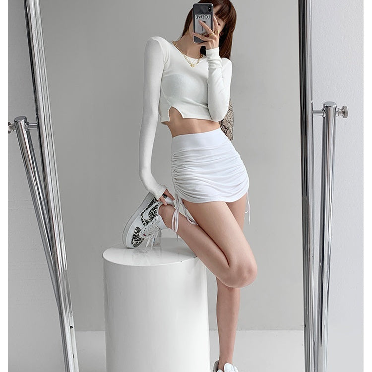 High-Waist Side-Drawstring Ruched Bodycon Mini Skirt — Black, Grey, Khaki & White
