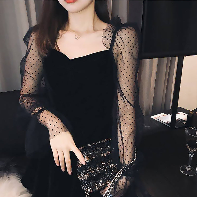 Retro Elegant Chiffon-Sleeved A-line Dress - black