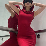 Chic Red Hooded Sleeveless Maxi Dress