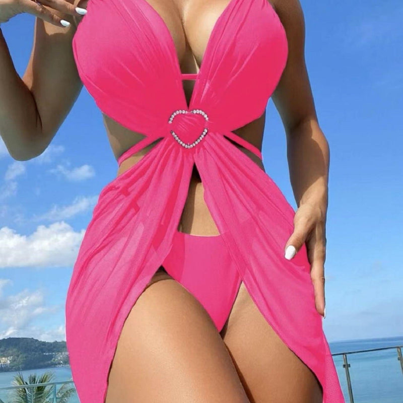 Rhinestone Heart Hardware Halter Bikini Set with Mesh Skirt — 3 Piece - pink
