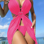 Rhinestone Heart Hardware Halter Bikini Set with Mesh Skirt — 3 Piece - pink