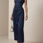 Midnight Elegance Satin Maxi Dress With Floral Shoulder Detail
