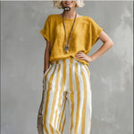Round Neck Pullover T-Shirt And Striped Print Straight Leg Pants - yellow