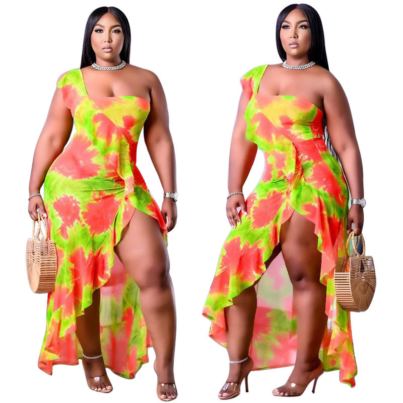 Two images of a woman wearing a colorful dress with a white background