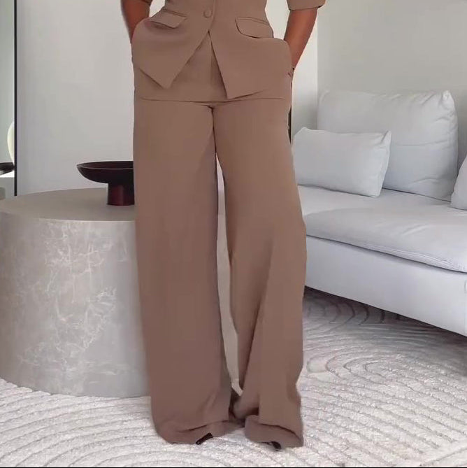 Brown Short-sleeved Blazer & High-waisted Pants Suit