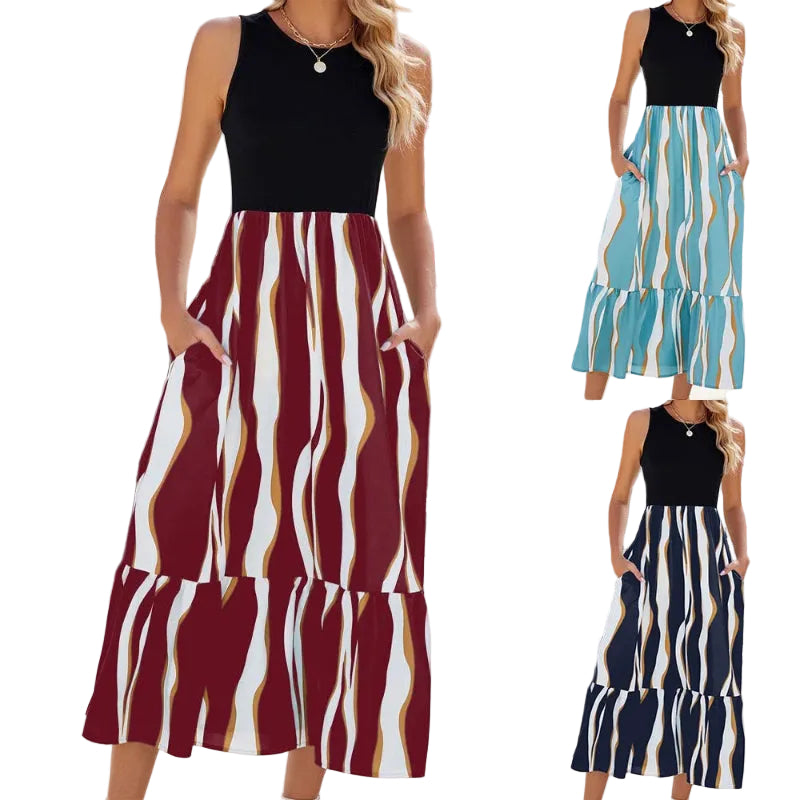 Sleeveless Wavy Stripe Tiered Midi Dress