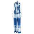 Backless printed long dress set with a halter neckline, a two-piece set for women, available in orange and navy blue.
