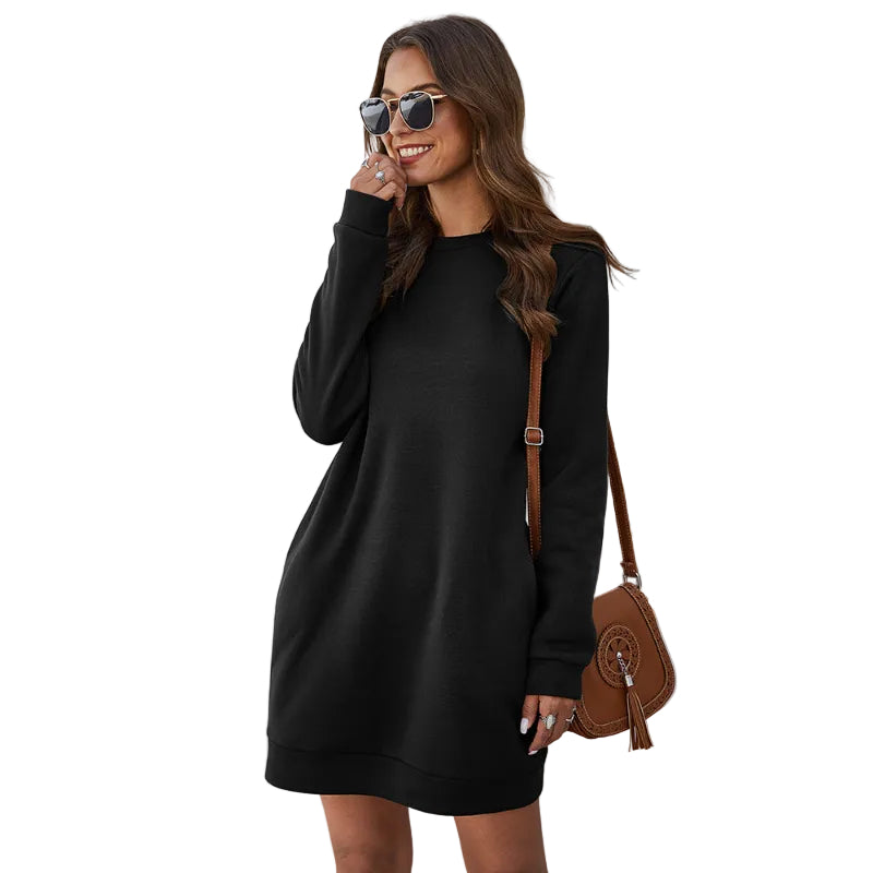 Long Sleeve Crew Neck Sweater Dress - black
