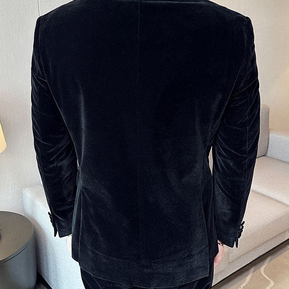 Peak Lapel Double-breasted Velvet Two-piece Suit - black
