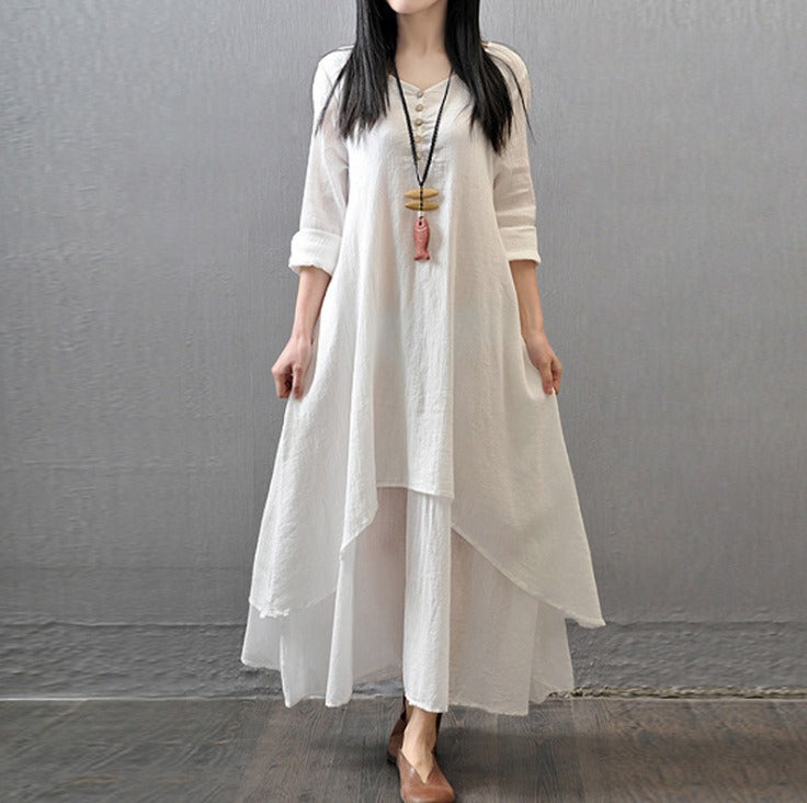 Fake two-piece long skirt large hem linen dress - runwayfashionista.com