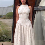 White Floral Print Turtleneck Sleeveless Waist-Cinched Maxi Dress