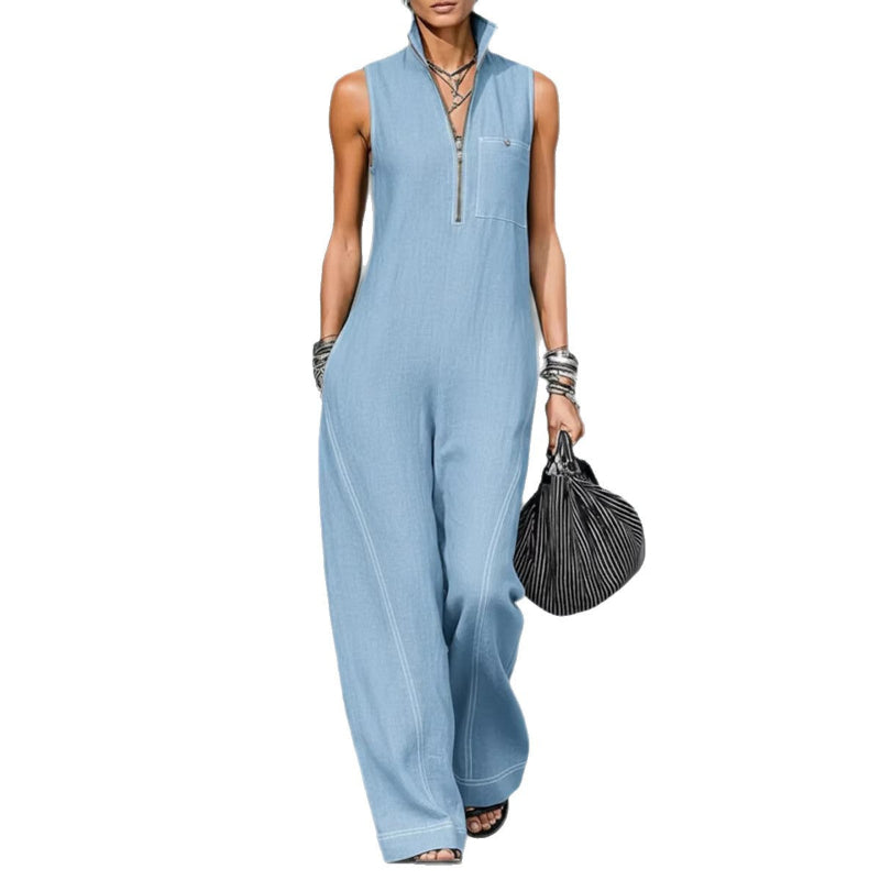 Stand-up Collar Jumpsuit With Pockets - blue