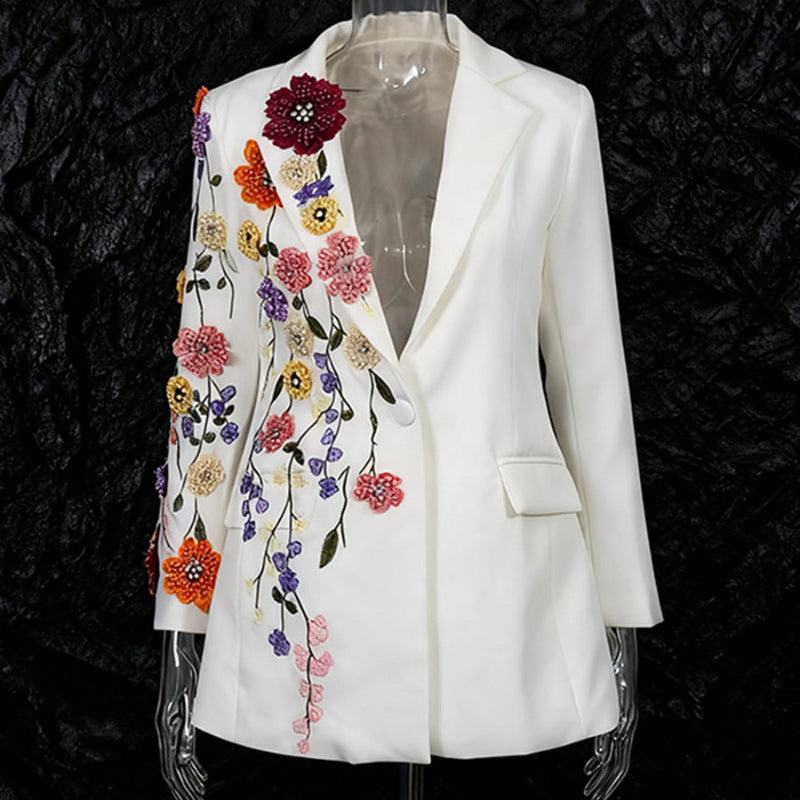 Elegant Three-dimensional Floral Embroidered Blazers - white