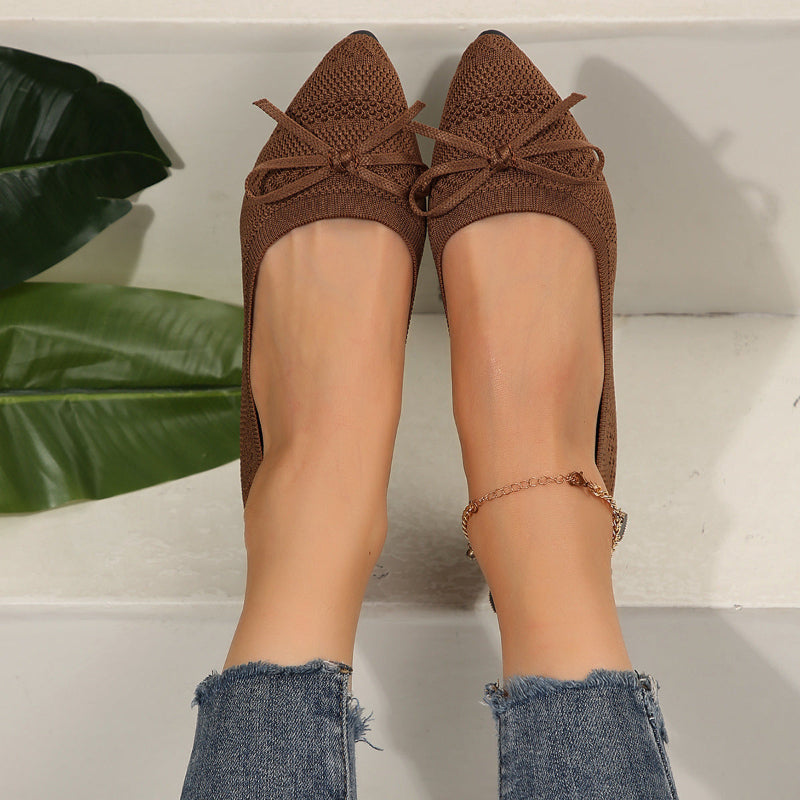 Bow Knitted Pointed-toed Flats Shoes - brown