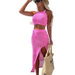 Openwork Halter Top & Split Skirt Set - pink