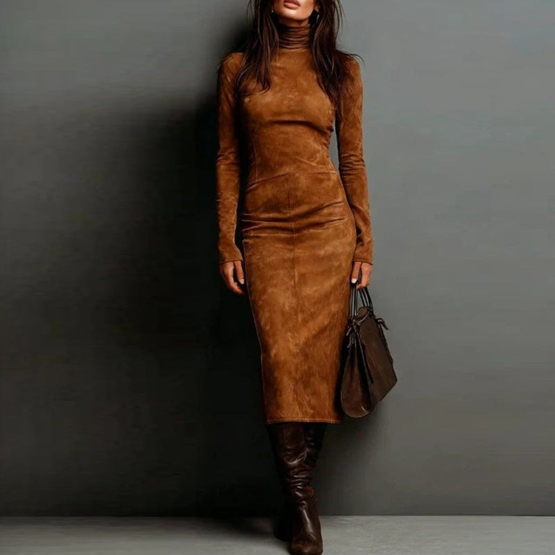 Turtleneck Long-sleeved Midi Dress - brown