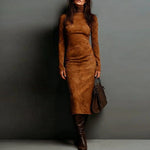 Turtleneck Long-sleeved Midi Dress - brown