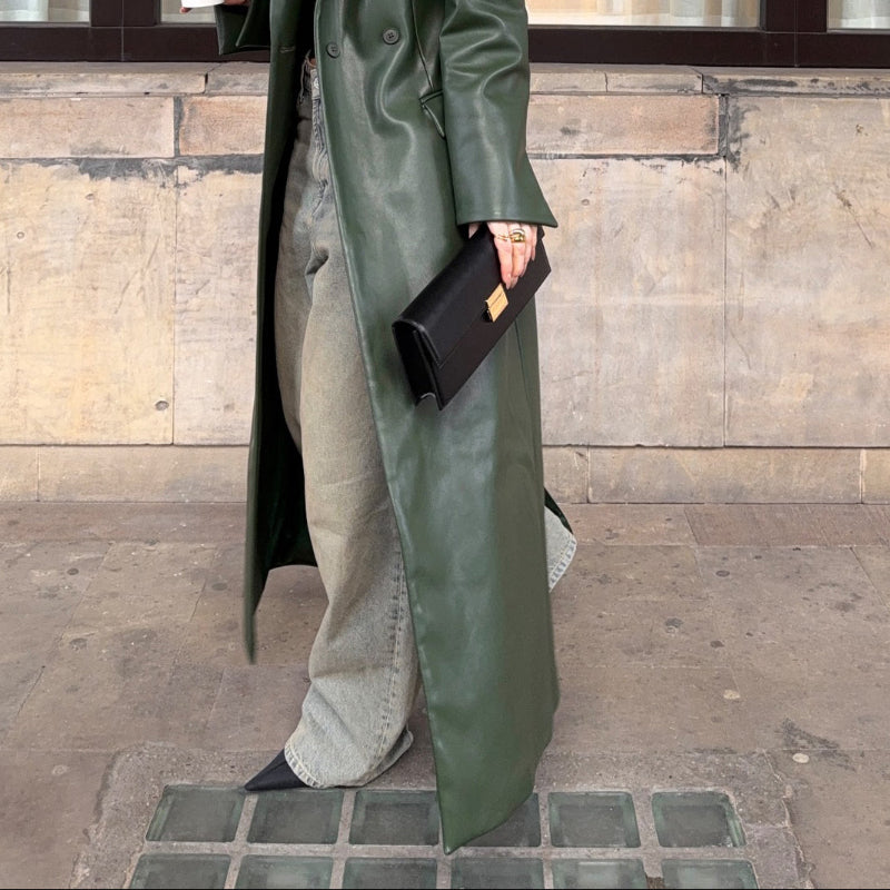 Olive Green Leather Maxi Trench Coat With Shoulder Pads