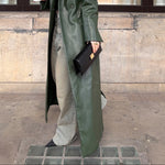 Olive Green Leather Maxi Trench Coat With Shoulder Pads
