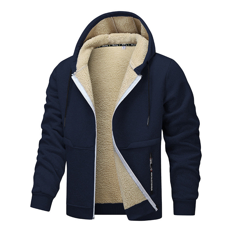 Thick Sherpa Lined Hooded Zipper Jacket - Navy blue