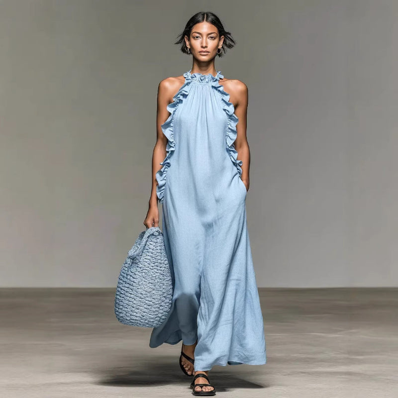 Resort Style Ruffled Halter Neck Sleeveless Maxi Dress - light blue