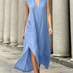 Sleeveless Stand Collar V-Neck Pocket Split Midi Dress - blue