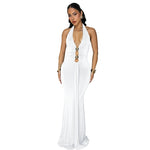 Backless Halter Deep V Neck Maxi Dress - White