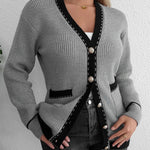 Contrast Trim Button Up Long Sleeve Cardigan - runwayfashionista.com