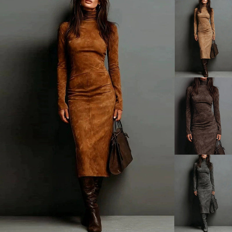 Turtleneck Long-sleeved Midi Dress - brown