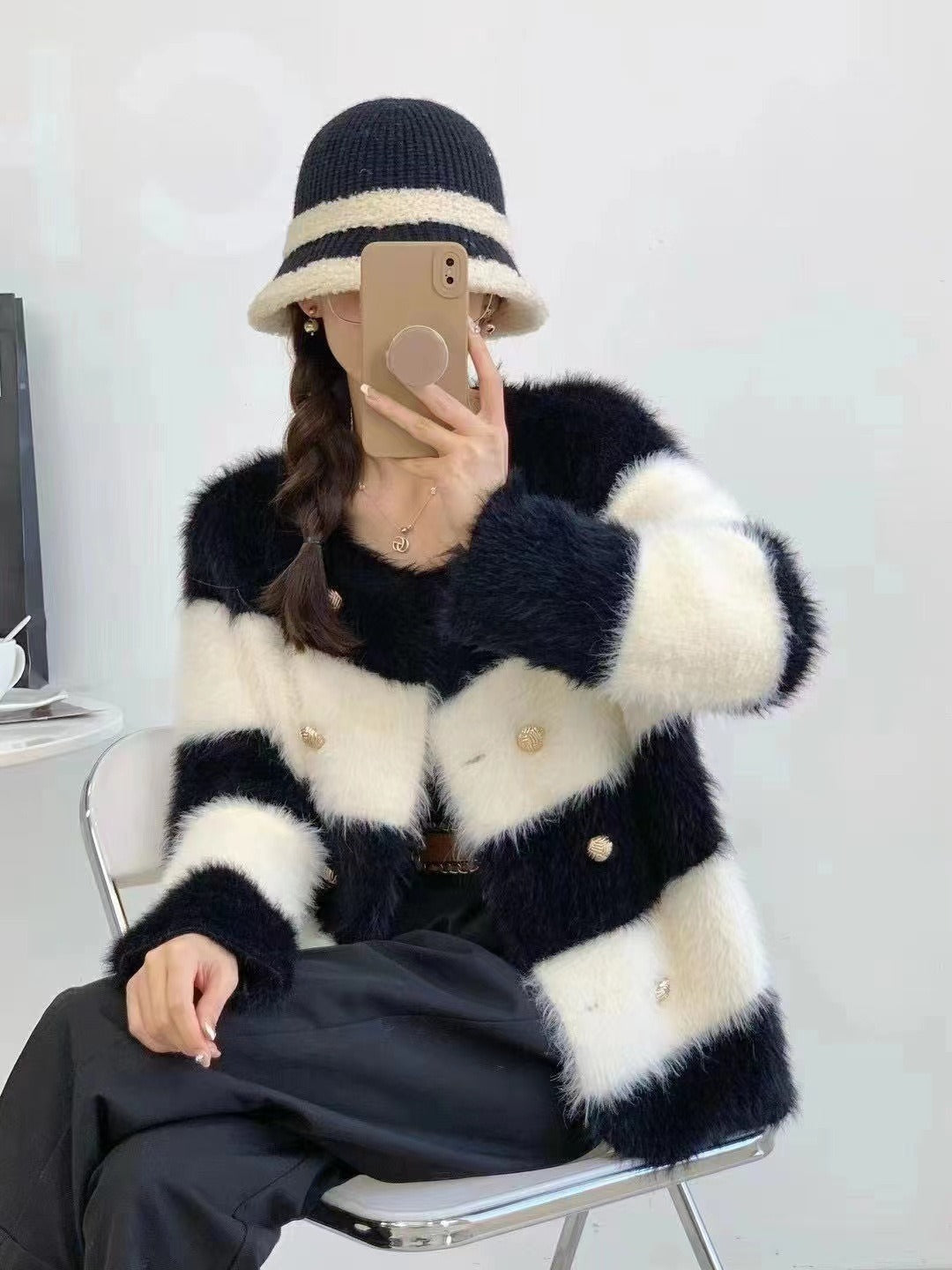 Striped Faux Fur Loose Cardigan - runwayfashionista.com